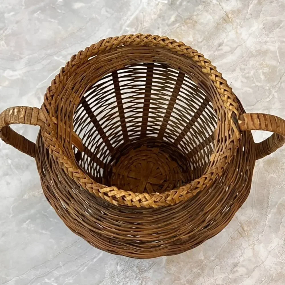 Vintage Two-Toned Brown Woven Rattan Basket with Handles 9